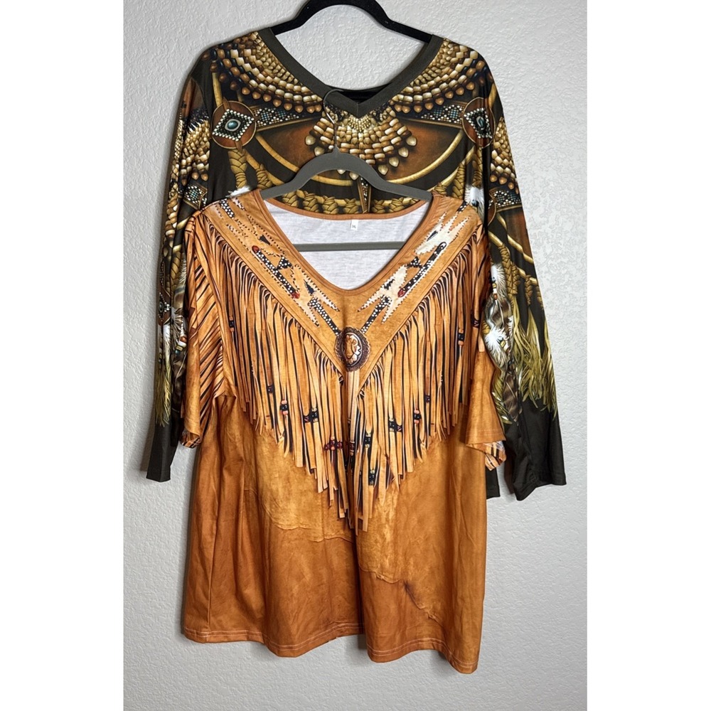 Womens 3X Set Of 2 Ethnic Tribal Owl Western Aztec Print Top Blouse Colorful‎
